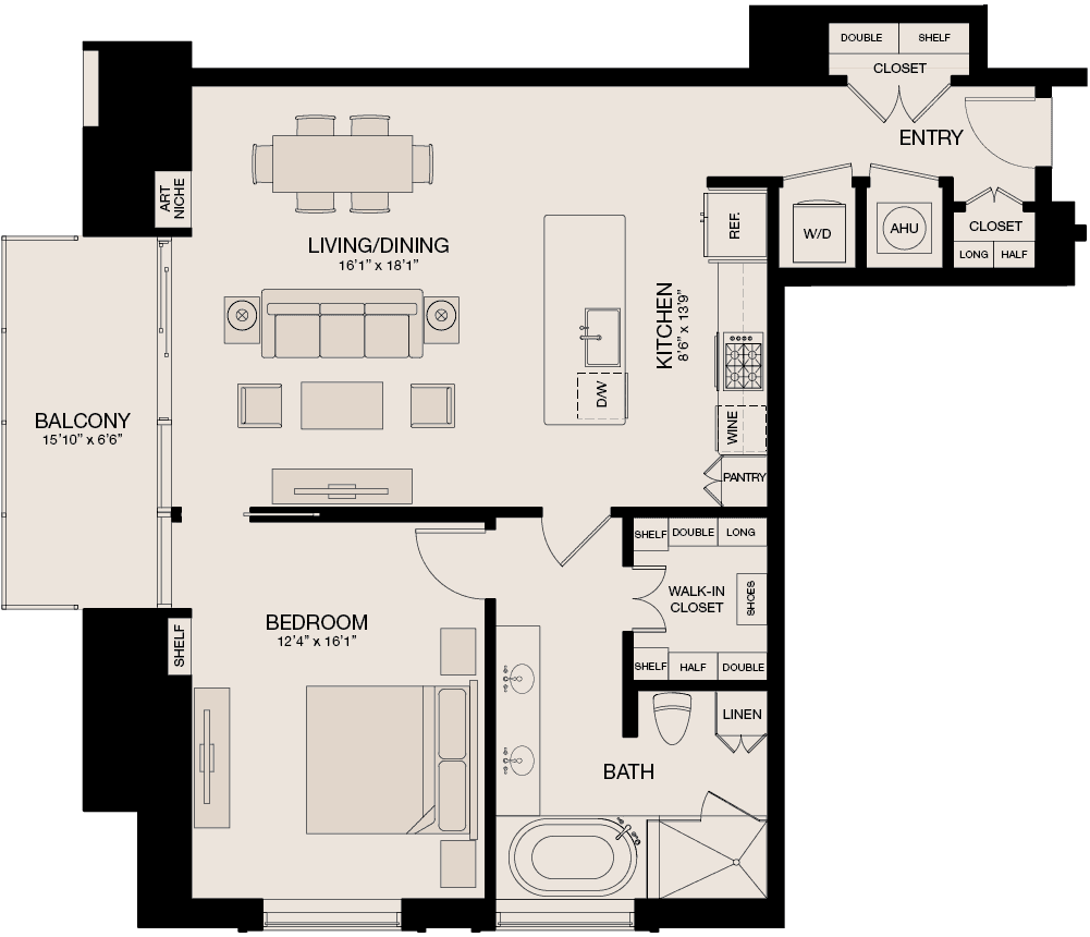 Type DL - 1 Bedroom, 1 Bathroom Floor Plan