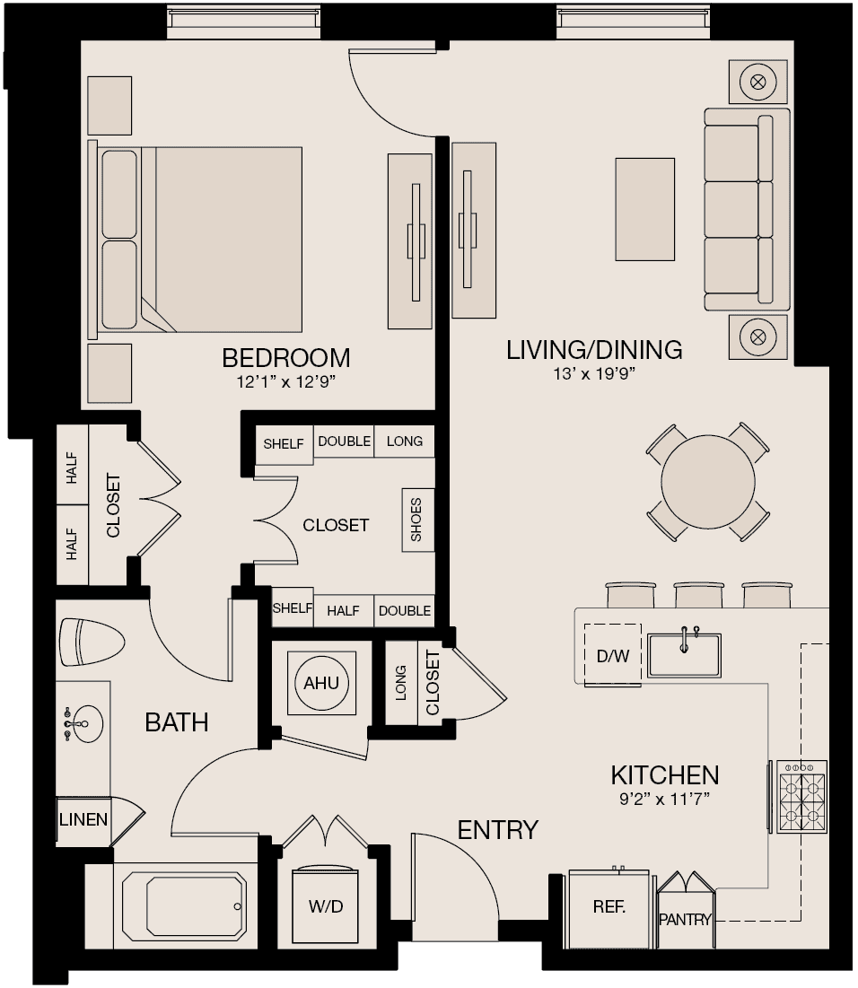 Type HL - 1 Bedroom, 1 Bathroom Floor Plan