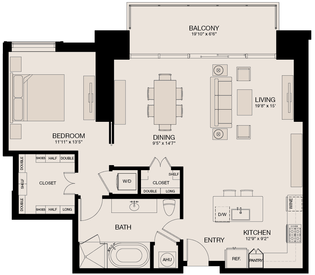 Type H - 1 Bedroom, 1 Bathroom Floor Plan