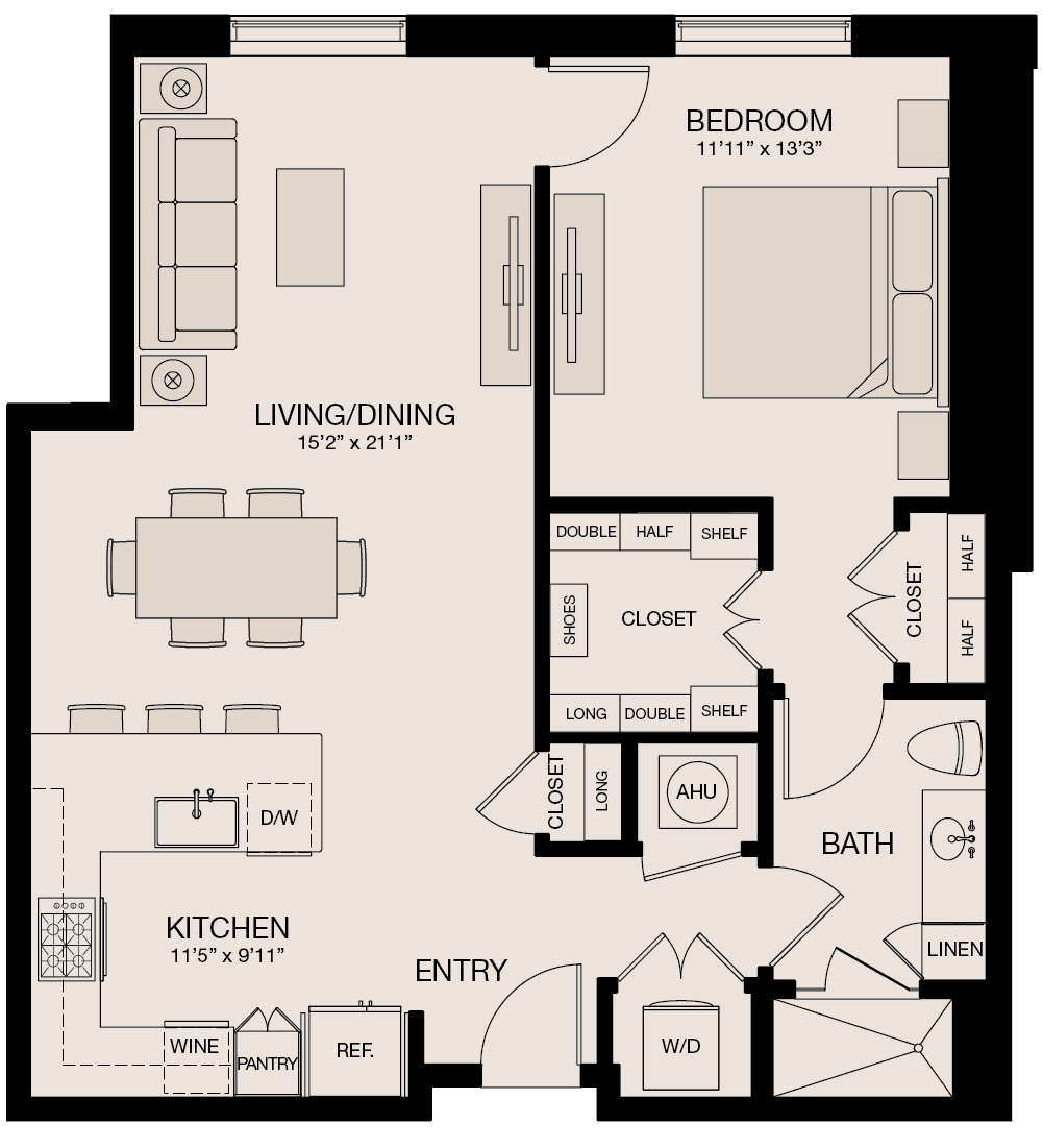 Type JL - 1 Bedroom, 1 Bathroom Floor Plan