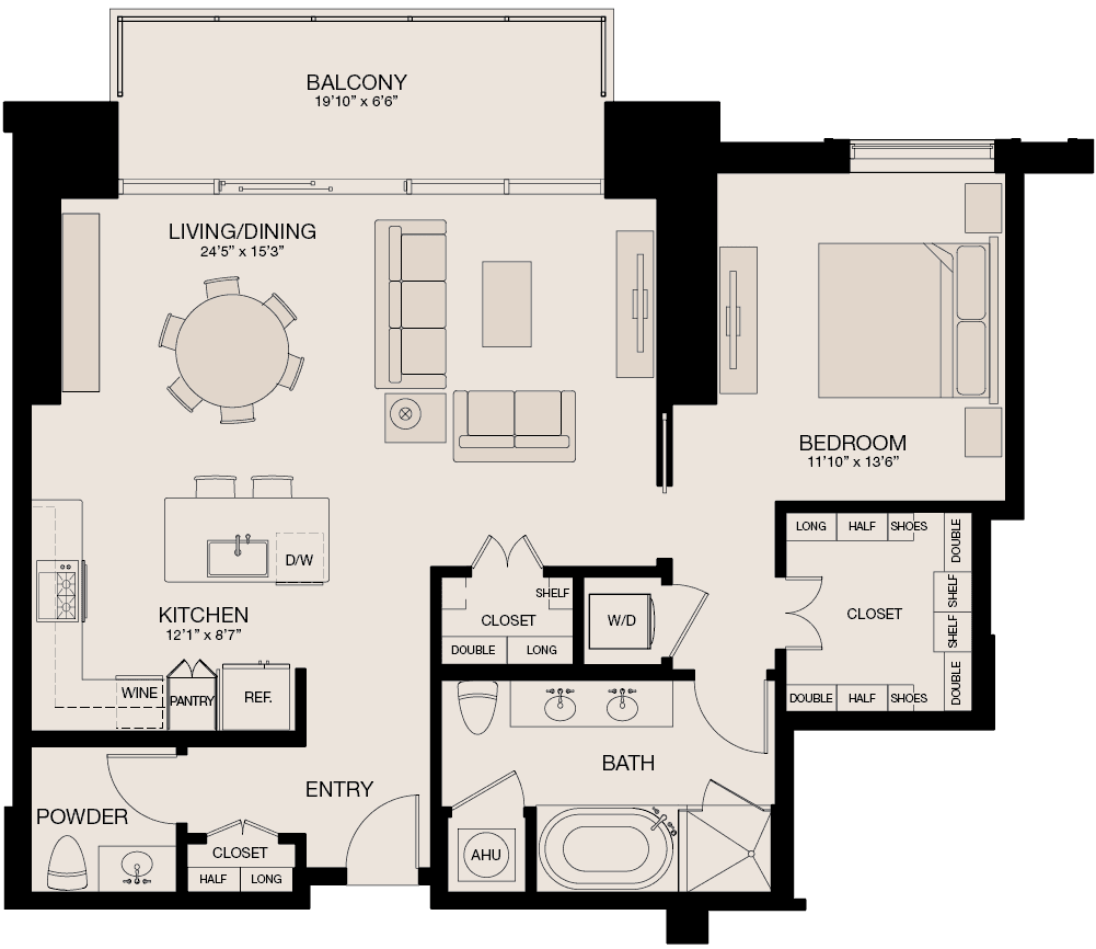 Type J - 1 Bedroom, 1.5 Bathroom Floor Plan