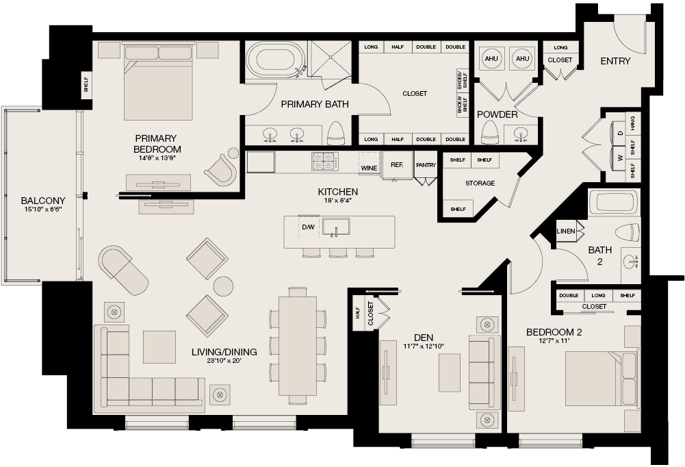 Type D - 2 Bedroom, 2.5 Bathroom Floor Plan