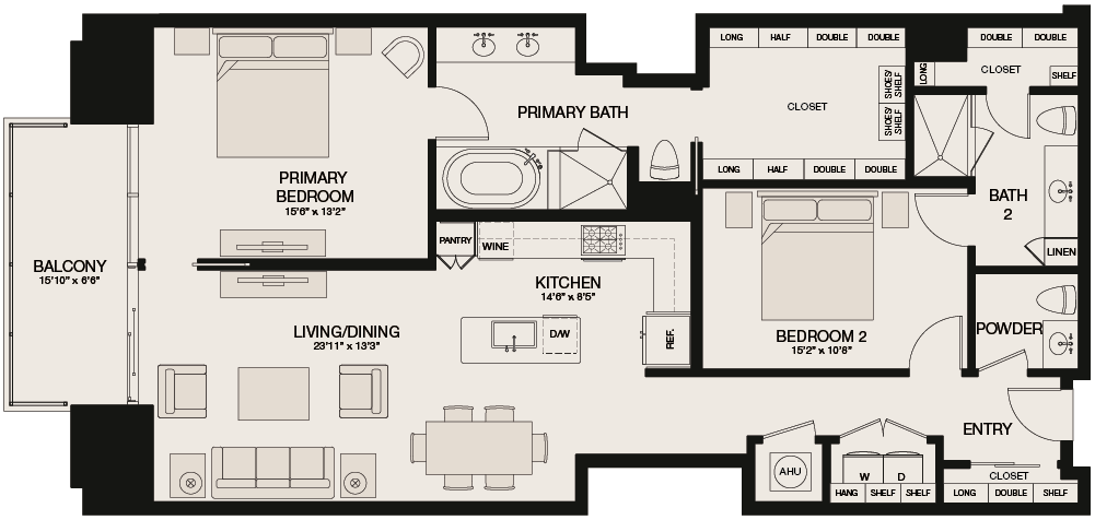 Type E - 2 Bedroom, 2.5 Bathroom Floor Plan