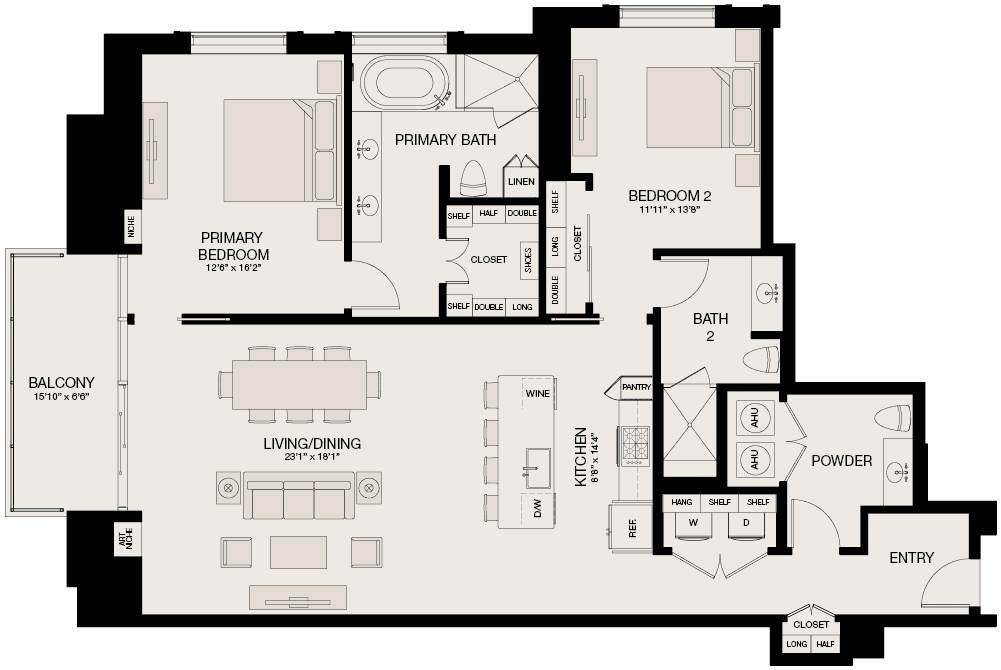 Type F - 2 Bedroom, 2.5 Bathroom Floor Plan