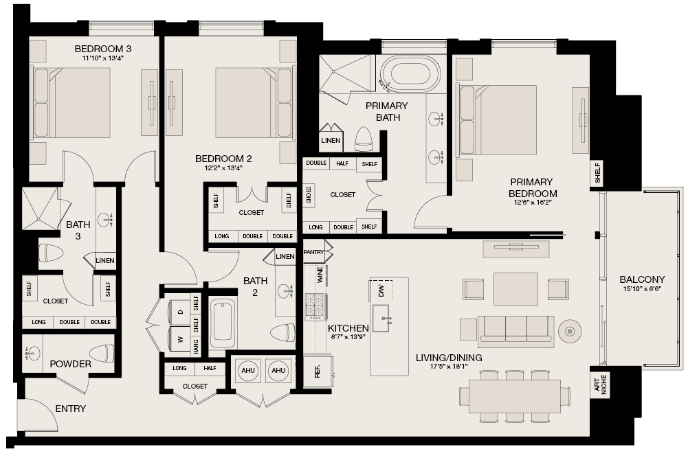 Type KL - 3 Bedroom, 3.5 Bathroom Floor Plan