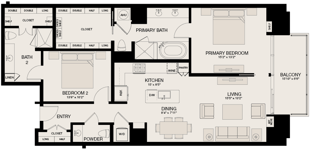 Type L - 2 Bedroom, 2.5 Bathroom Floor Plan