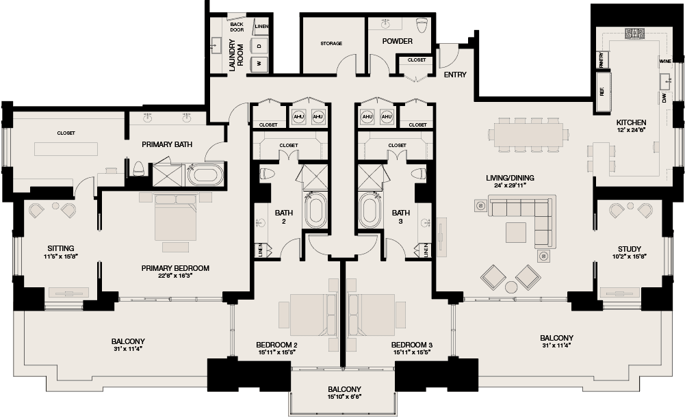 Type East - 3 Bedroom, 3.5 Bathroom Floor Plan