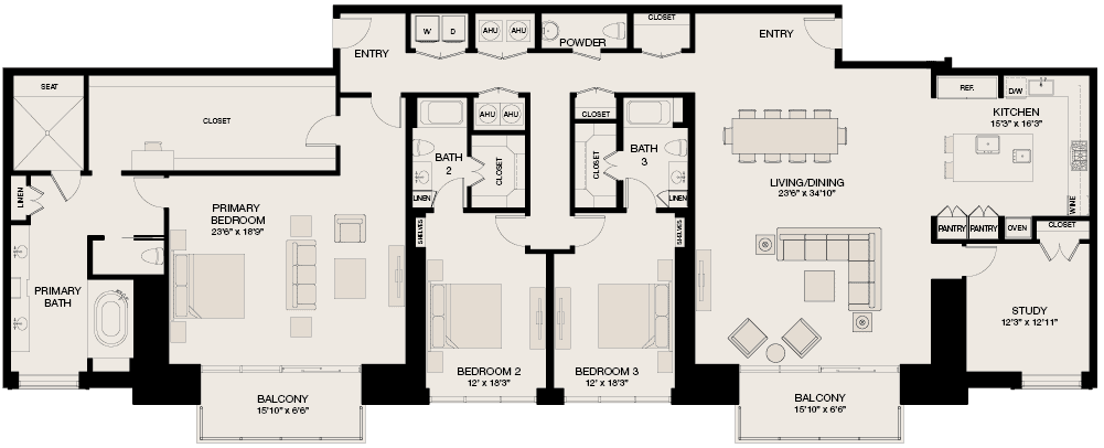 Type South - 3 Bedroom, 3.5 Bathroom Floor Plan