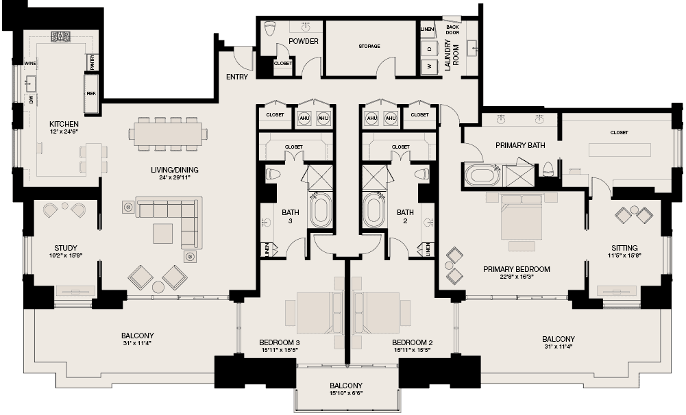 Type West - 3 Bedroom, 3.5 Bathroom Floor Plan